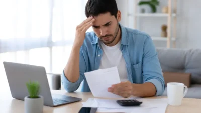 homem preocupado analisando contas e dívidas em casa quanto custa ficar negativado em 2026
