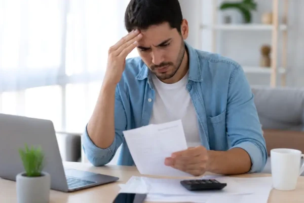 homem preocupado analisando contas e dívidas em casa quanto custa ficar negativado em 2026
