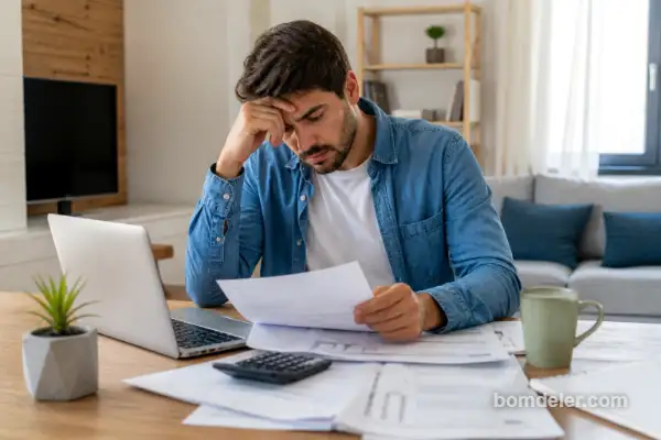 homem preocupado analisando várias contas e dívidas em casa quanto custa ficar negativado em 2026