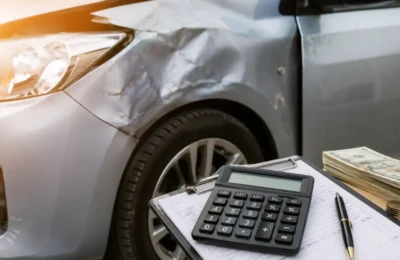 uanto Uma Batida Leve Pode Custar em 2026 com carro batido na lateral esquerda, prancheta com calculadora e caneta, dinheiro e moedas ao lado