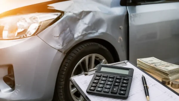 uanto Uma Batida Leve Pode Custar em 2026 com carro batido na lateral esquerda, prancheta com calculadora e caneta, dinheiro e moedas ao lado