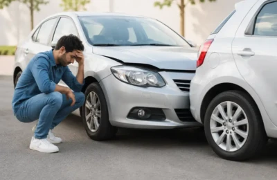 Prejuízo ao bater o carro de outra pessoa em 2026 com motorista analisando os danos da colisão