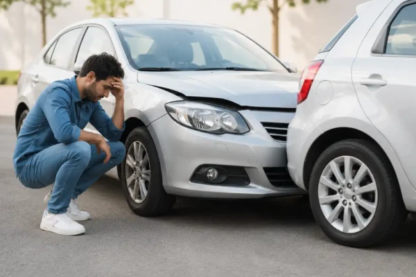 Prejuízo ao bater o carro de outra pessoa em 2026 com motorista analisando os danos da colisão