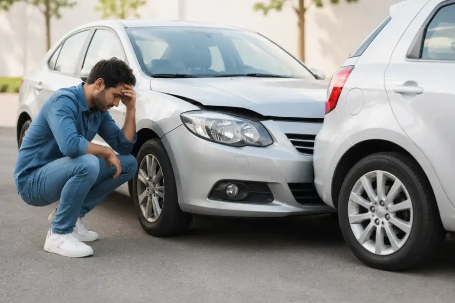 Prejuízo ao bater o carro de outra pessoa em 2026 com motorista analisando os danos da colisão