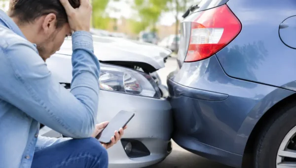 Prejuízo de uma pequena colisão após danos entre dois carros em um estacionamento com motorista preocupado avaliando os custos.