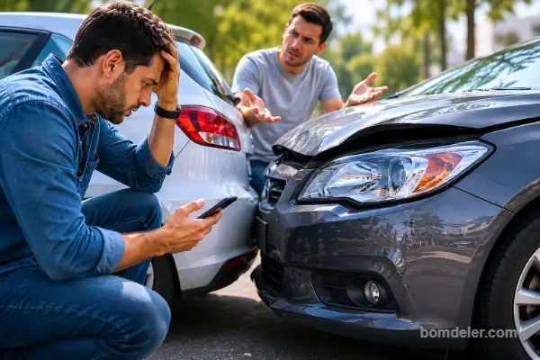 Motorista preocupado avaliando o prejuízo após colisão entre dois veículos com danos significativos