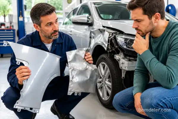 Quando Trocar a Peça Sai Mais Caro do Que Consertar: mecânico comparando peça nova e peça danificada ao lado de carro acidentado em oficina