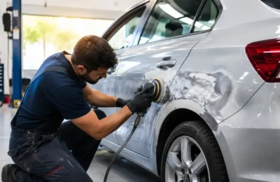 Quanto Custa Funilaria e Pintura em 2026: funileiro corrigindo amassado na lataria de um carro prata antes da pintura