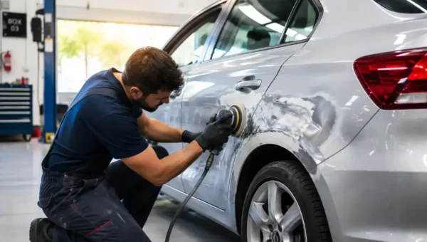 Quanto Custa Funilaria e Pintura em 2026: funileiro corrigindo amassado na lataria de um carro prata antes da pintura