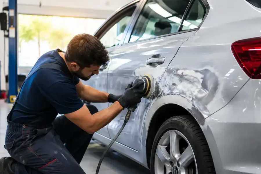Quanto Custa Funilaria e Pintura em 2026: funileiro corrigindo amassado na lataria de um carro prata antes da pintura