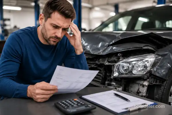Quanto custa funilaria e pintura em 2026: motorista preocupado analisando orçamento de reparo ao lado de carro com danos na parte frontal