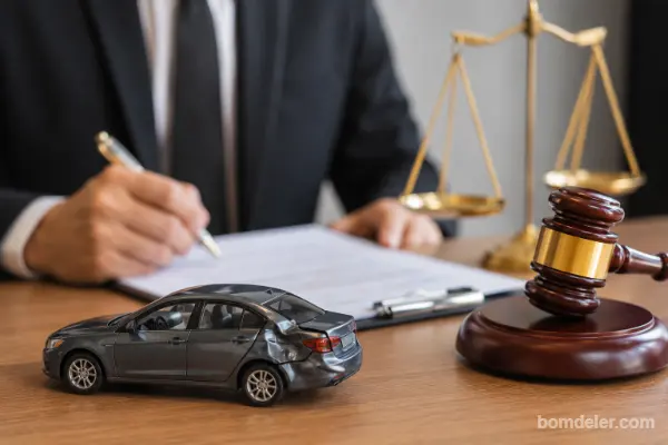 Carro amassado sobre mesa ao lado de documentos jurídicos e martelo da justiça