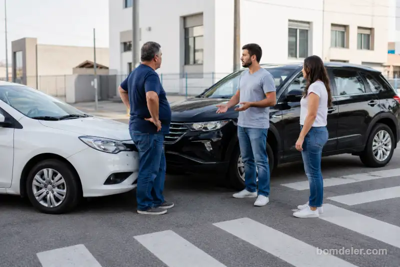 Terceiros envolvidos em acidente após colisão urbana entre dois carros com motoristas conversando de forma tranquila em um cruzamento.