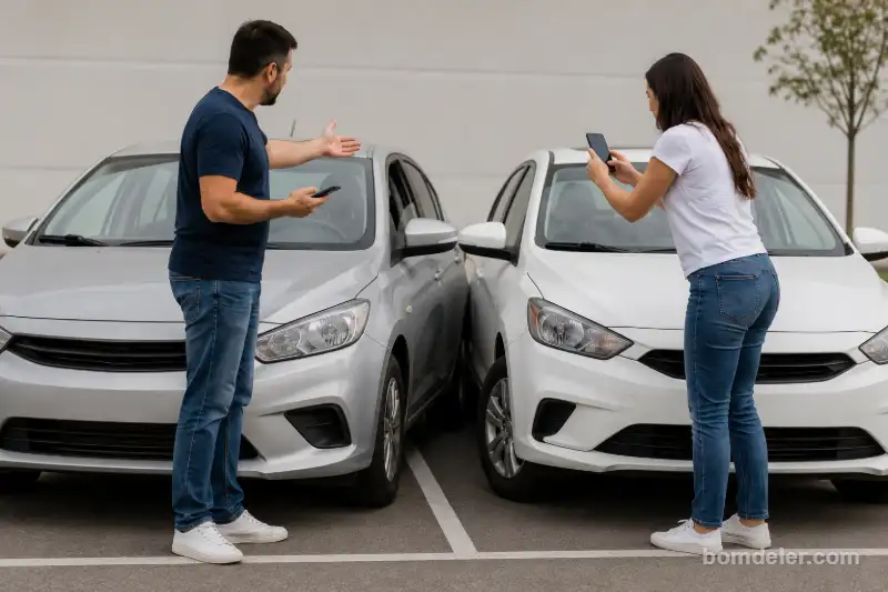 Terceiros envolvidos em acidente registrando fotos dos veículos e trocando informações em um estacionamento após uma colisão leve.
