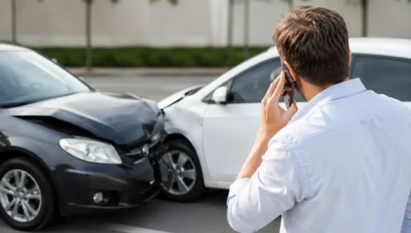 Terceiros envolvidos em acidente com dois carros danificados após colisão urbana e motorista avaliando os prejuízos.