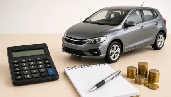 Calculadora de custo mensal do carro com automóvel, calculadora, moedas e planilha de despesas do veículo.