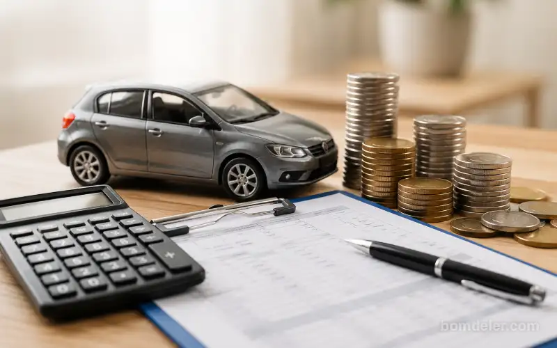 Gastos ocultos do carro representados por veículo, calculadora, moedas e documentos financeiros sobre uma mesa.
