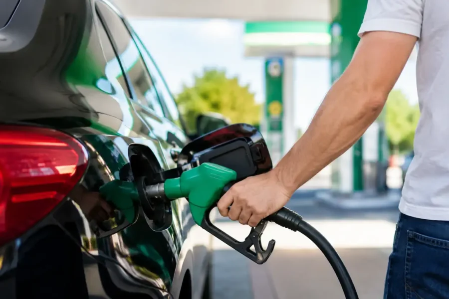 Carro gastando muito combustível sendo abastecido em um posto, ilustrando os erros que aumentam o consumo do veículo.
