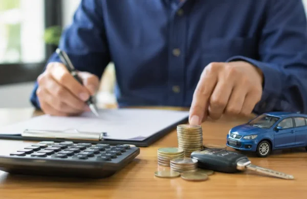 Como calcular o custo real do seu carro em 2026 com calculadora, moedas e chave de veículo sobre a mesa