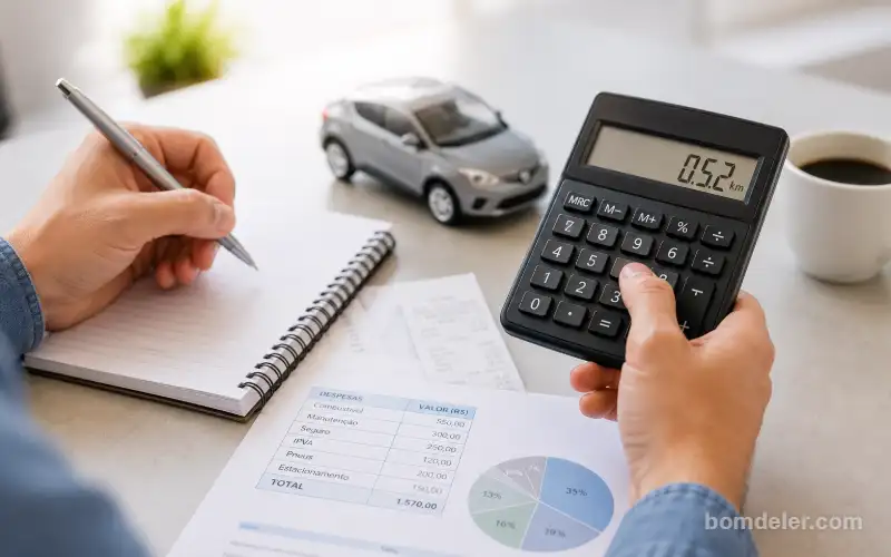 Cálculo do custo por quilômetro rodado do carro com motorista analisando despesas e calculadora financeira