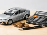 Carro usado ao lado de calculadora e moedas representando os custos ao comprar um carro usado.