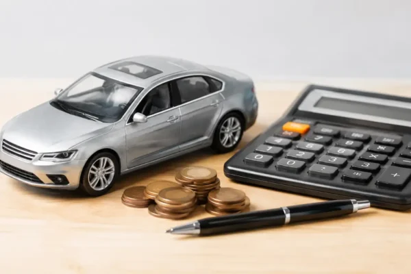 Carro usado ao lado de calculadora e moedas representando os custos ao comprar um carro usado.