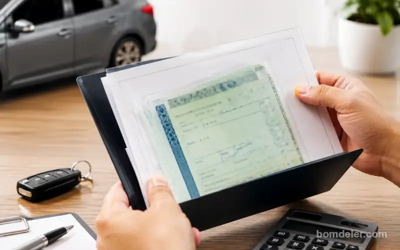 Documentação e taxas obrigatórias na compra de um carro usado com chave, documentos e calculadora sobre a mesa.