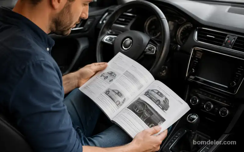 Proprietário consultando o manual do veículo para economizar na manutenção do carro e seguir as revisões recomendadas pelo fabricante.