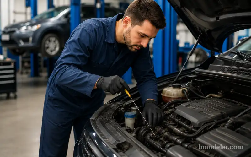Mecânico realizando revisão preventiva para economizar na manutenção do carro com mais segurança.