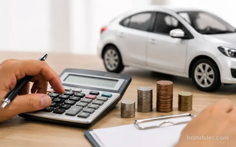 Pessoa calculando os custos de financiamento e juros na compra de um carro usado com calculadora, moedas e veículo ao fundo.