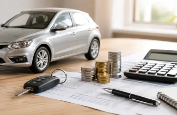Gastos ocultos do carro em 2026 representados por veículo, calculadora, moedas e documentos sobre uma mesa.