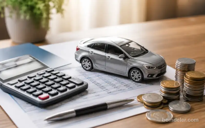 IPVA e licenciamento representados por carro, calculadora, moedas e documentos financeiros sobre uma mesa.