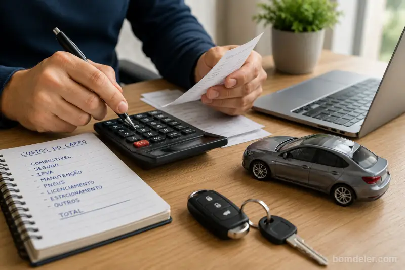 Quanto custa manter um carro em 2026 sendo calculado com notas fiscais, calculadora, documentos e chaves do veículo sobre a mesa.