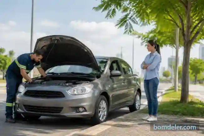 Profissional de assistência verifica o motor de um carro enquanto a motorista aguarda