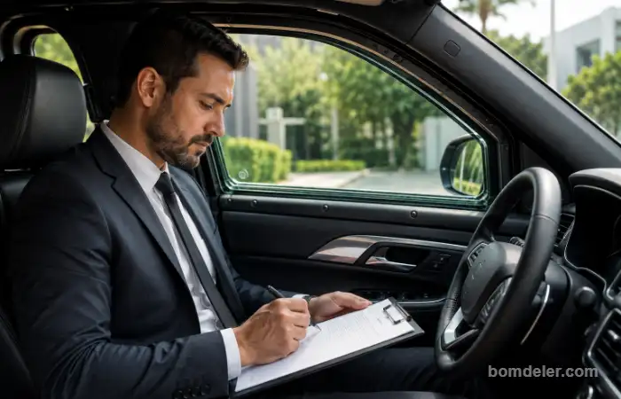 Corretor analisando documentos de um seguro para carro blindado durante a contratação da apólice.