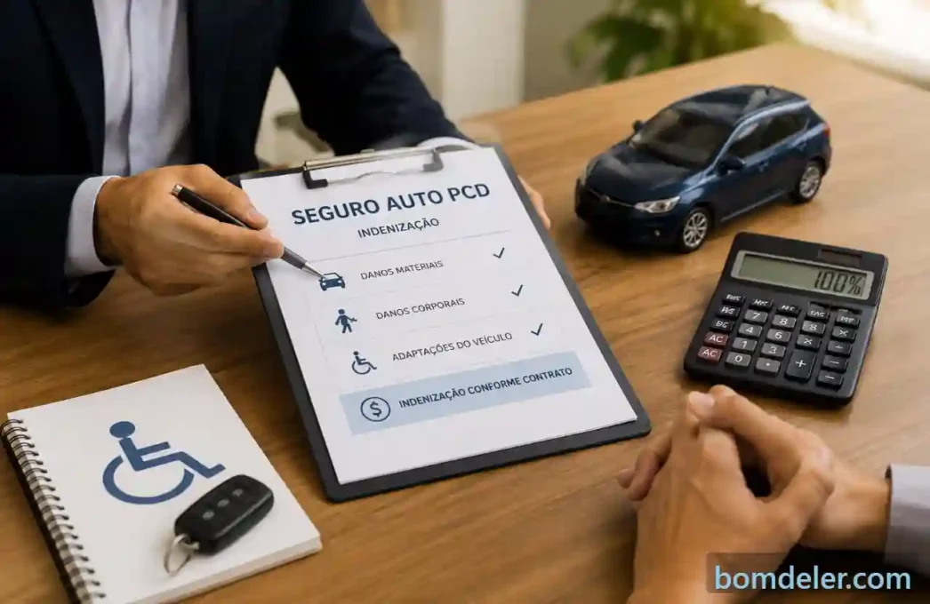 Consultor explicando a indenização do seguro auto PCD e a cobertura de adaptações do veículo