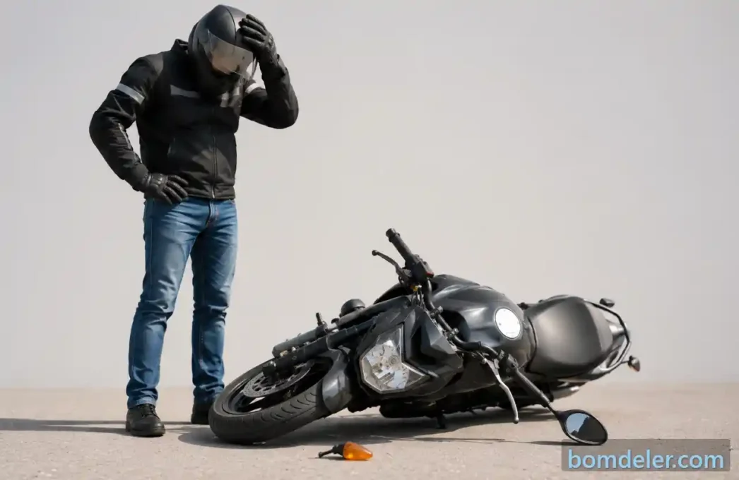 Motociclista ao lado de moto caída com retrovisor solto no chão