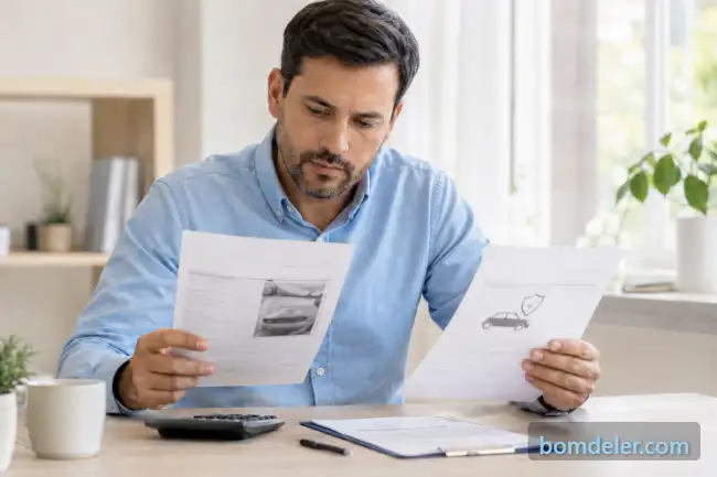 Motorista compara documentos do seguro e orçamento de reparo com uma calculadora