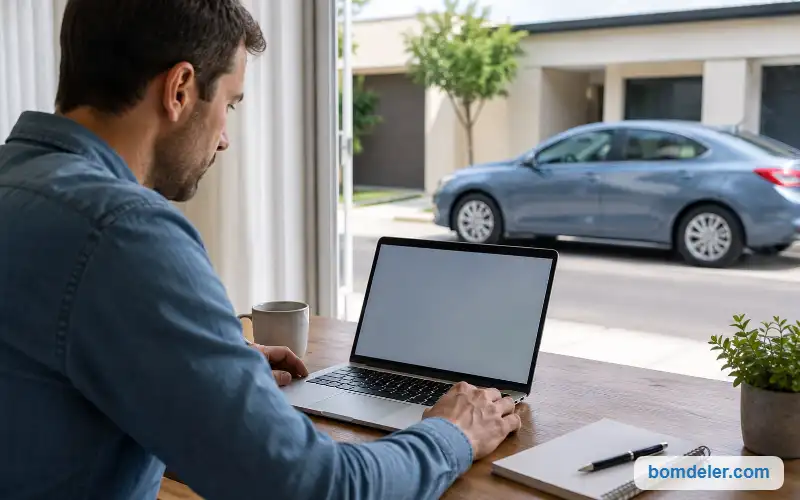 Motorista comparando propostas de seguro no notebook com carro estacionado na rua ao fundo.