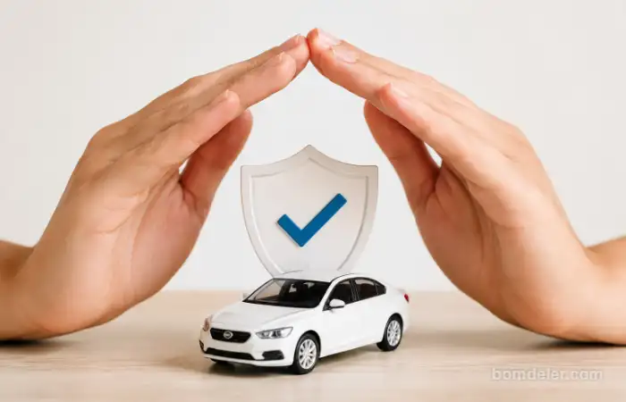 mãos protegendo carro financiado com escudo de seguro.