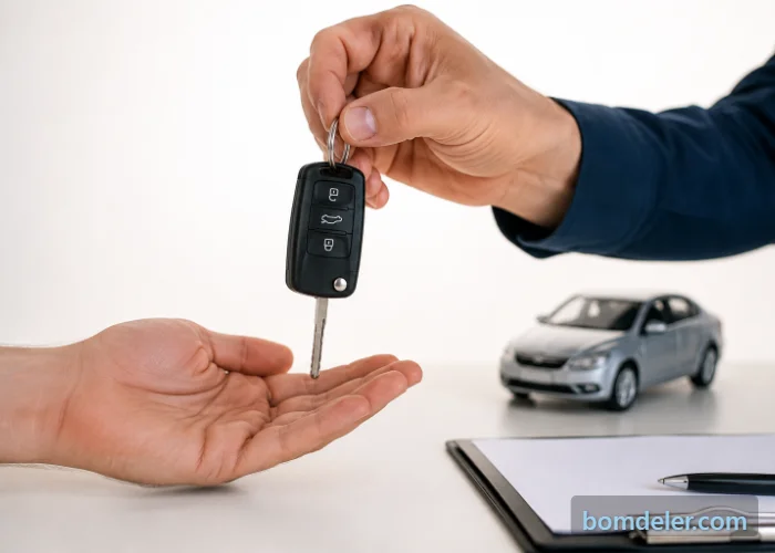 Mão entregando chave de carro com veículo e documento ao fundo