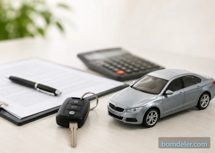 Seguro auto mensal para carro financiado com carro, chave, documentos e calculadora
