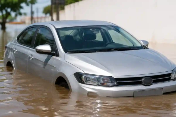 Seguro de carro cobre enchente com carro prata parcialmente submerso em rua alagada.