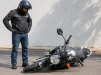 Motoqueiro ao lado de moto caída com retrovisor e seta quebrados, pensando se o seguro de moto cobre queda