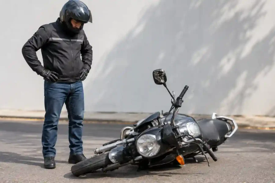 Motoqueiro ao lado de moto caída com retrovisor e seta quebrados, pensando se o seguro de moto cobre queda