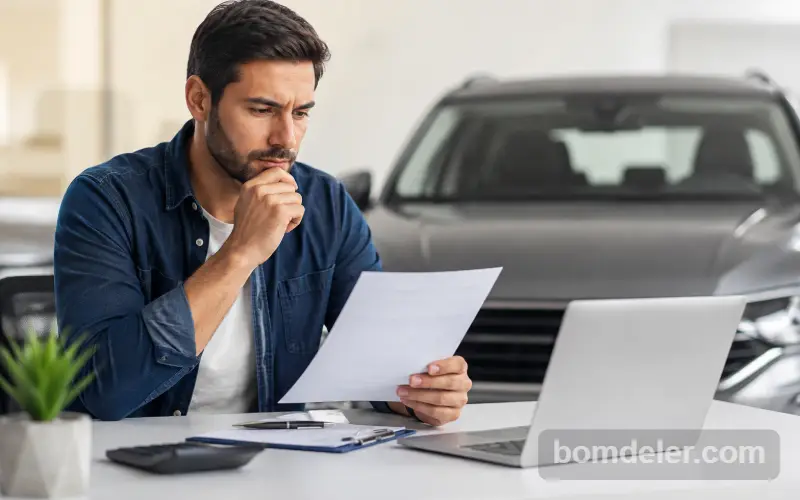 Pessoa analisando documentos para decidir se o seguro para carro de leilão vale a pena.