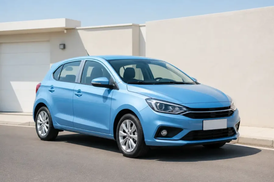 Seguro para carro sem garagem com carro azul-claro estacionado na rua em frente a uma residência com garagem.