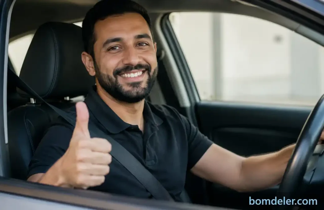 Move Brasil para motorista de aplicativo com motorista sorrindo e fazendo sinal de positivo dentro do carro
