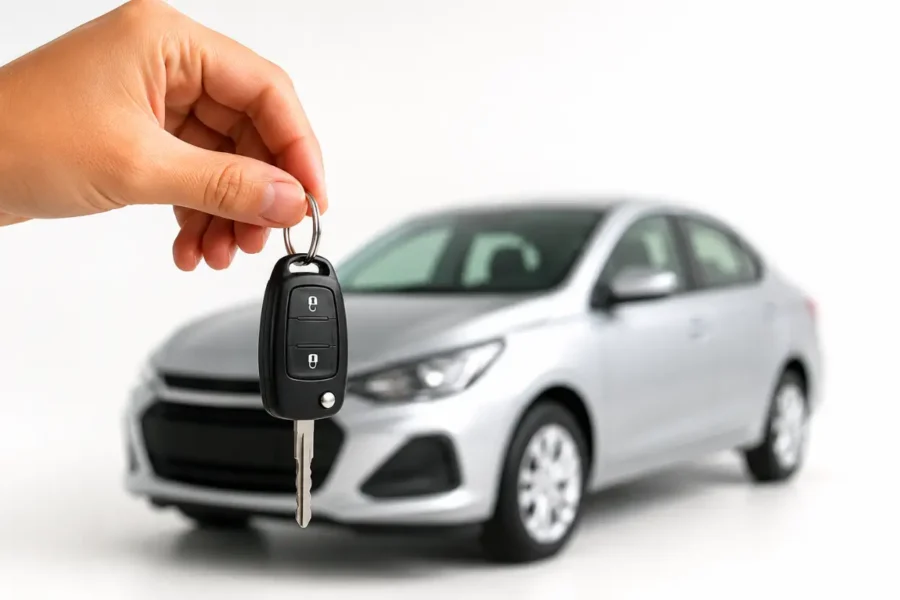 Move Brasil para motorista de aplicativo com mão segurando chave de carro diante de veículo cinza