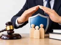 seguro de responsabilidade civil profissional com escudo de proteção, profissionais e martelo jurídico